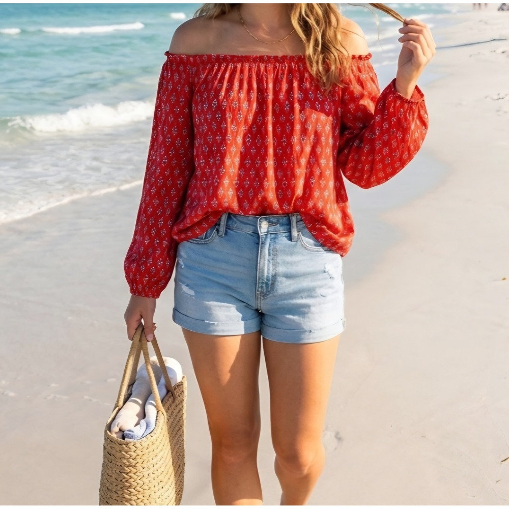 Billabong‎ Red Boho Print Off The Shoulder Long Sleeve Rayon Blouse S Beach